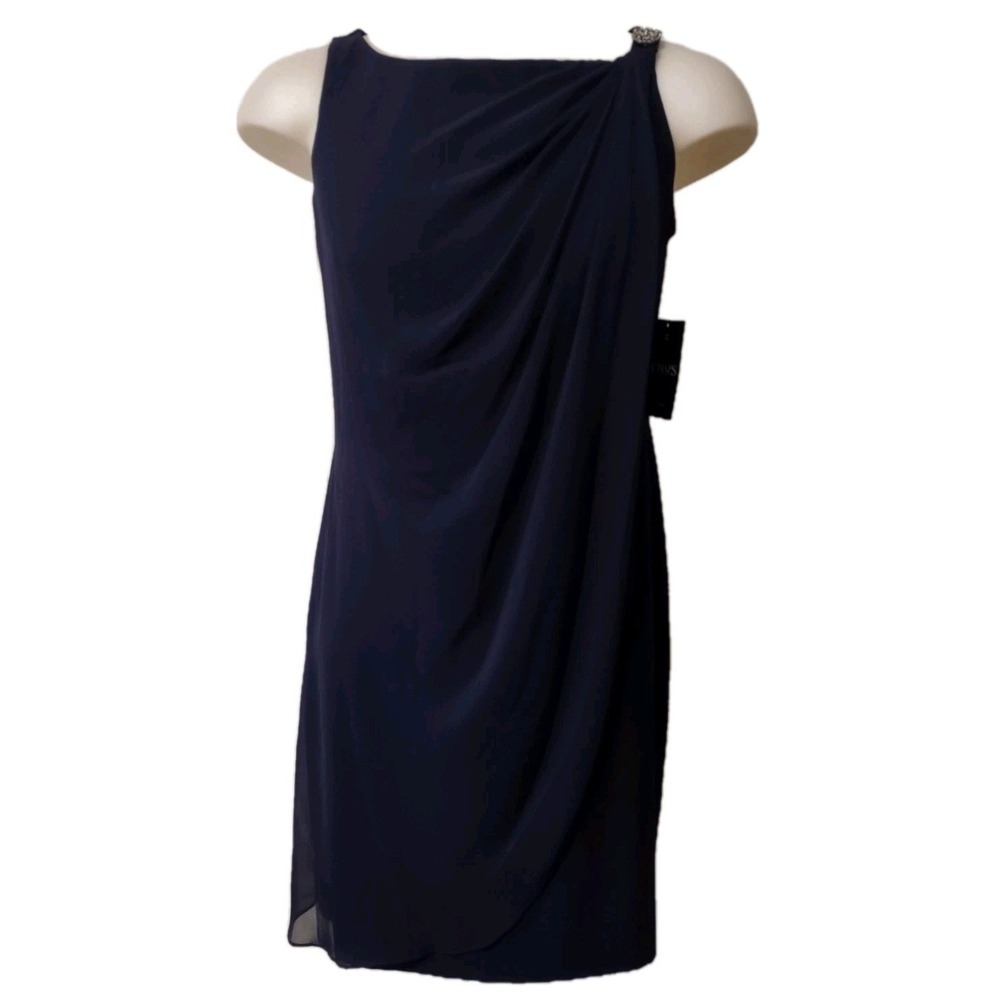Chaps Evening Dress Women's Size 14 Navy Blue Ruched Faux Wrap Cocktail  Wedding